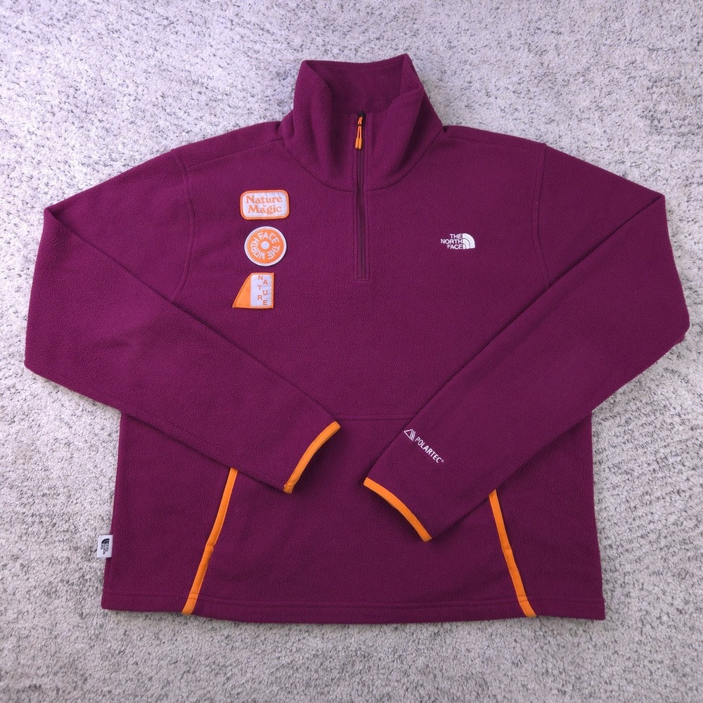 The North Face Sweater Womens Large Fleece Pullover Patches Burgundy Orange Logo